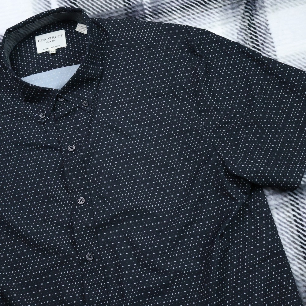 Con.Struct Slim Fit Polka Dot Short Sleeve Shirt Black White XL 4-Way Stretch